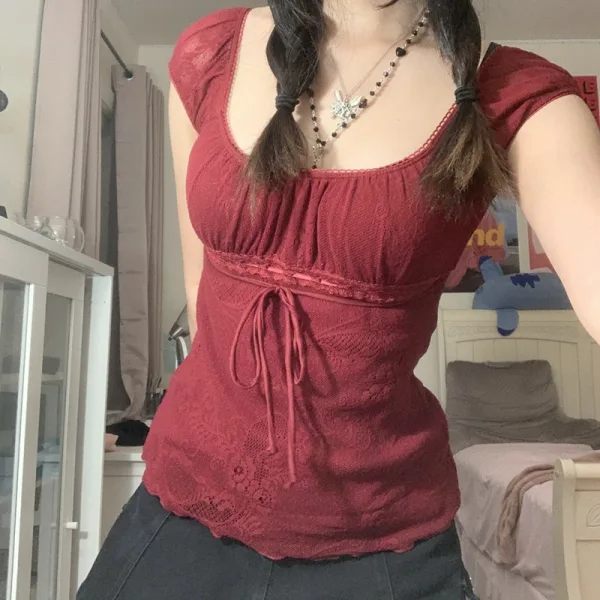 Imagen del producto Camiseta elegante con cuello cuadrado para mujer, jerséis de manga corta con lazo | Compra online en Tiendafiable
